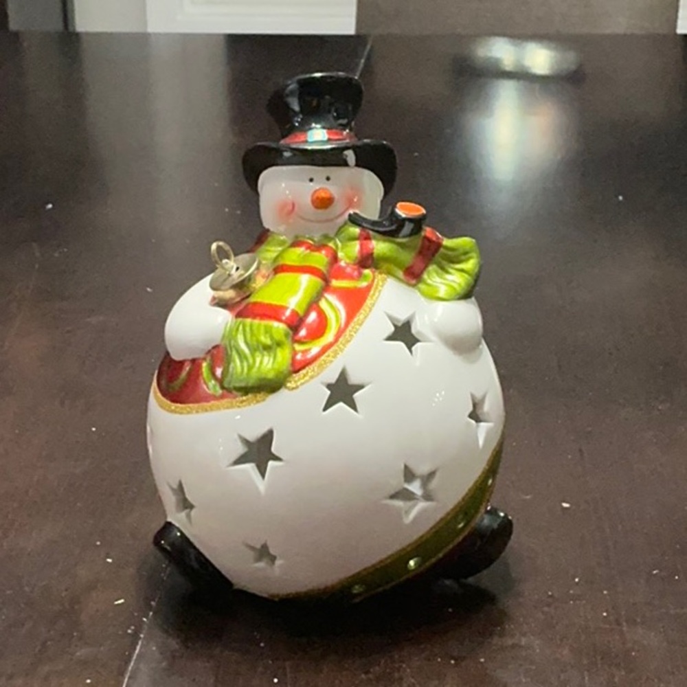 Christmas QVC Home Reflections Ceramic Snowman Luminary Flameless LED Ornament